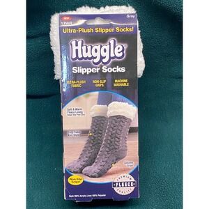 Huggle Ultra Plush Slipper Socks Gray Cozy Cable Knit Fleece Lined Non Slip Grip